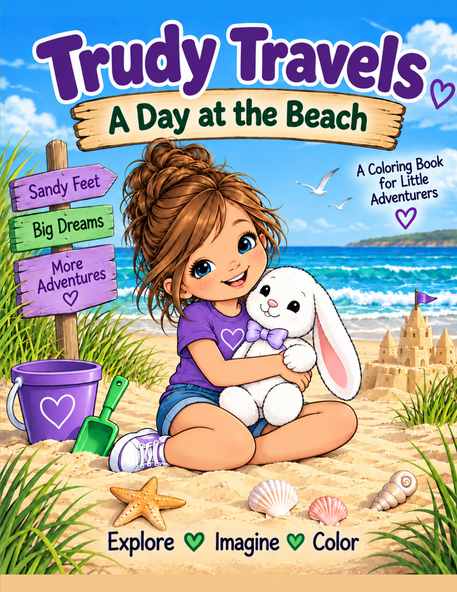 Trudy Travels: A Day at the Beach cover, showing Trudy holding Bunny on a sunny beach.