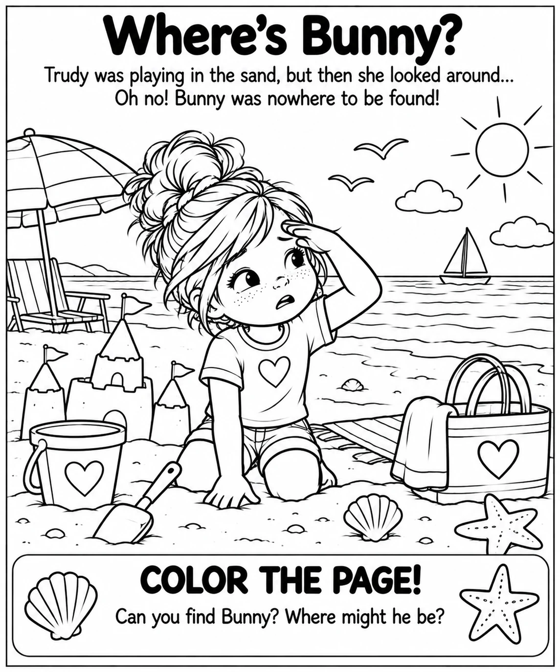 Trudy looks for Bunny among the beach toys and sandcastles.